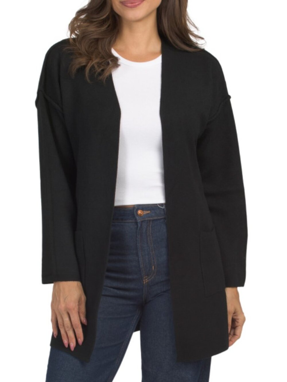 METRIC KNITS Long Sleeve Open Front Cardigan With Pockets